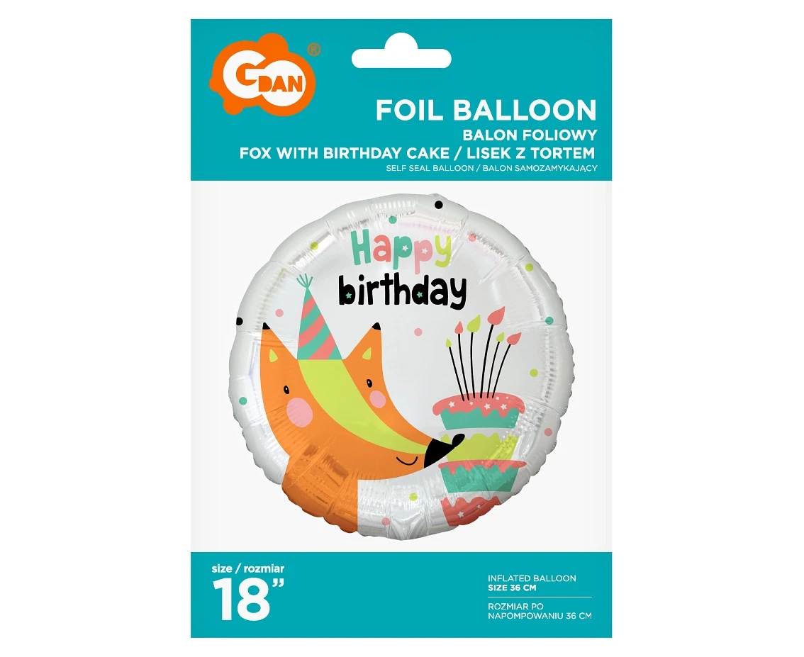 Balon foliowy Lisek z tortem (Happy Birthday), 18" KK