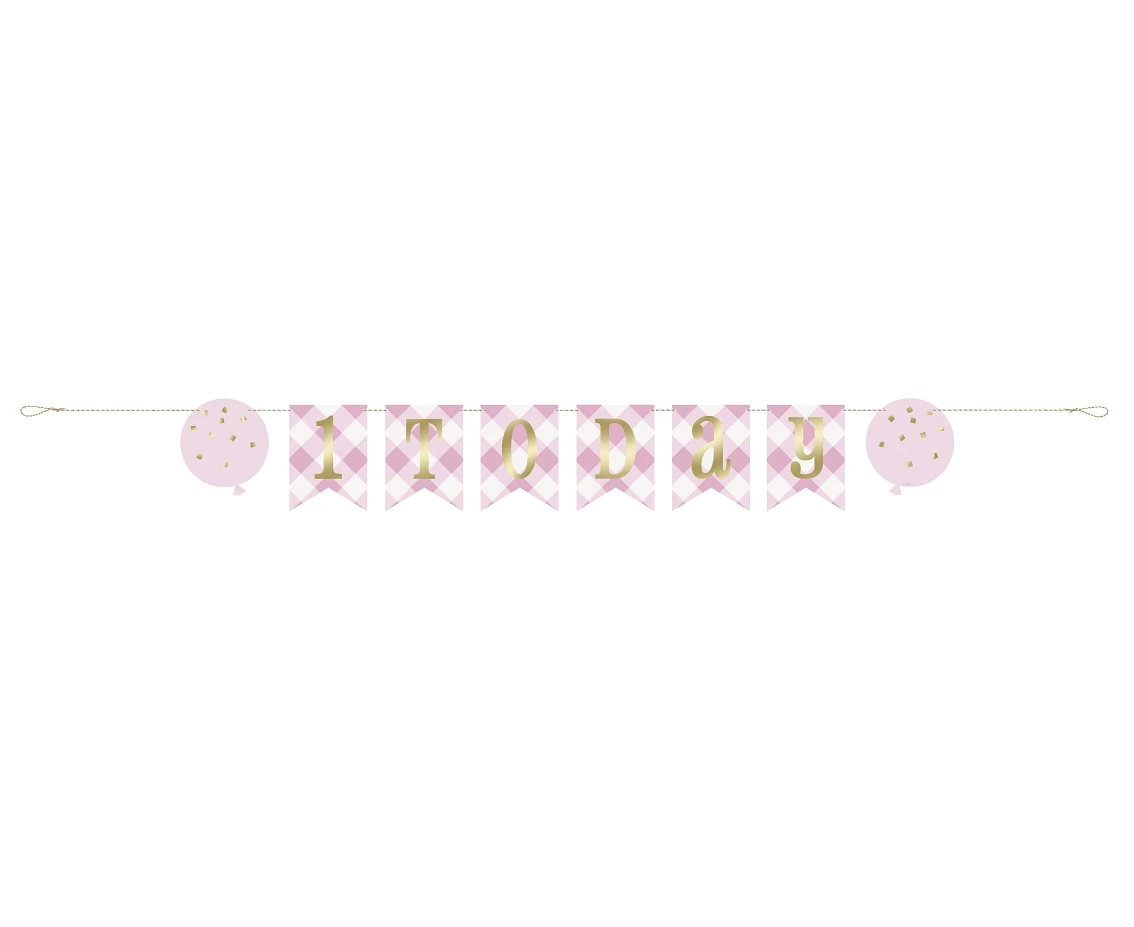 Banner papierowy Gingham 1st Today Birthday, różowy, 183 cm KK