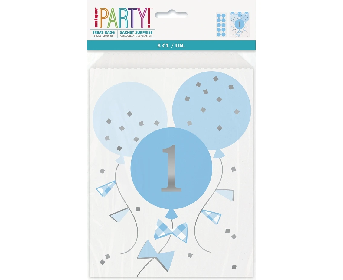Torebki papierowe Gingham 1st Birthday, niebieskie, 8 szt. KK