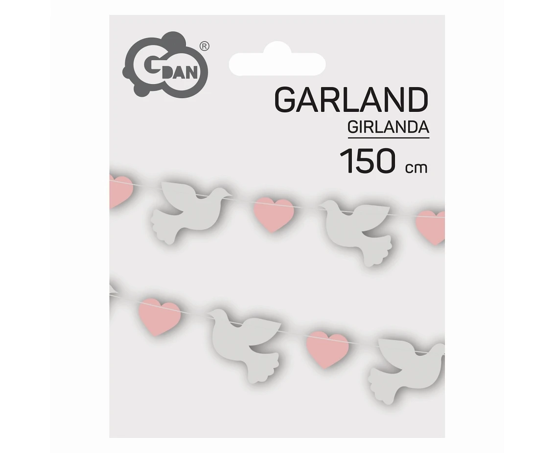 Girlanda papierowa Gołąbki (10x8 cm), różowe serduszka (5x4 cm), 150 cm