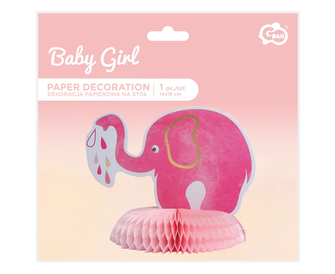 Dekoracja B&G na stół Baby Girl - słonik, jasnoróżowa, 14x18 cm KK
