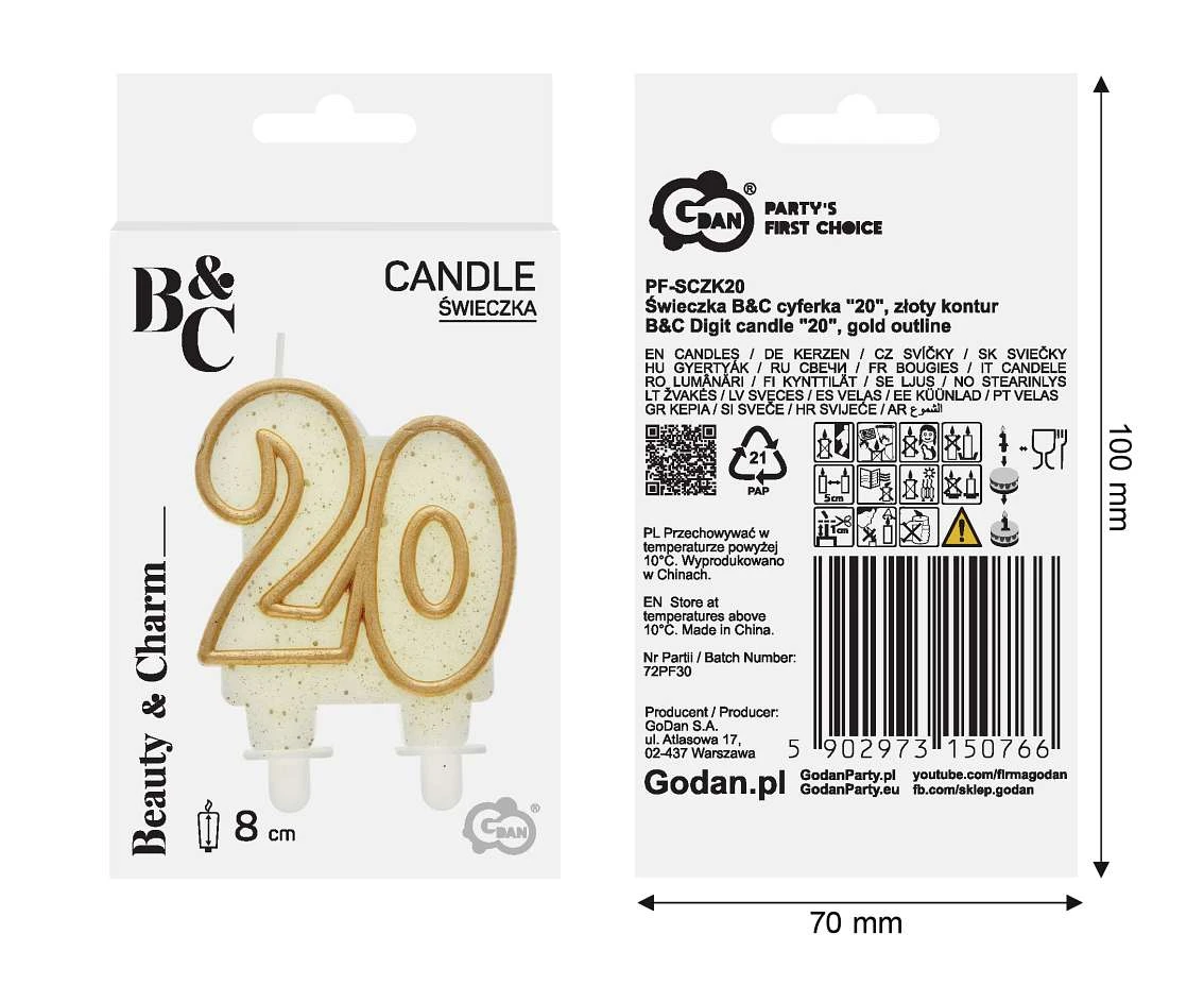 Świeczka B&C cyferka "20", złoty kontur, 8 cm