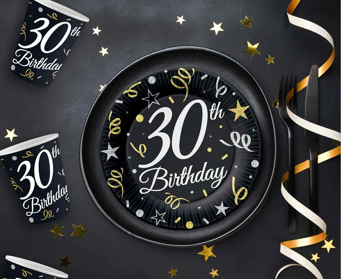 Talerzyki papierowe B&C 30 Birthday, 18 cm/ 8 szt. kk.