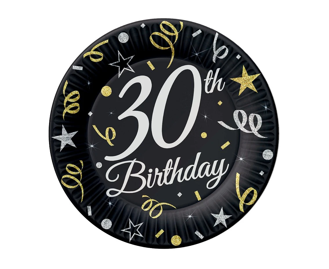 Talerzyki papierowe B&C 30 Birthday, 18 cm/ 8 szt. kk.