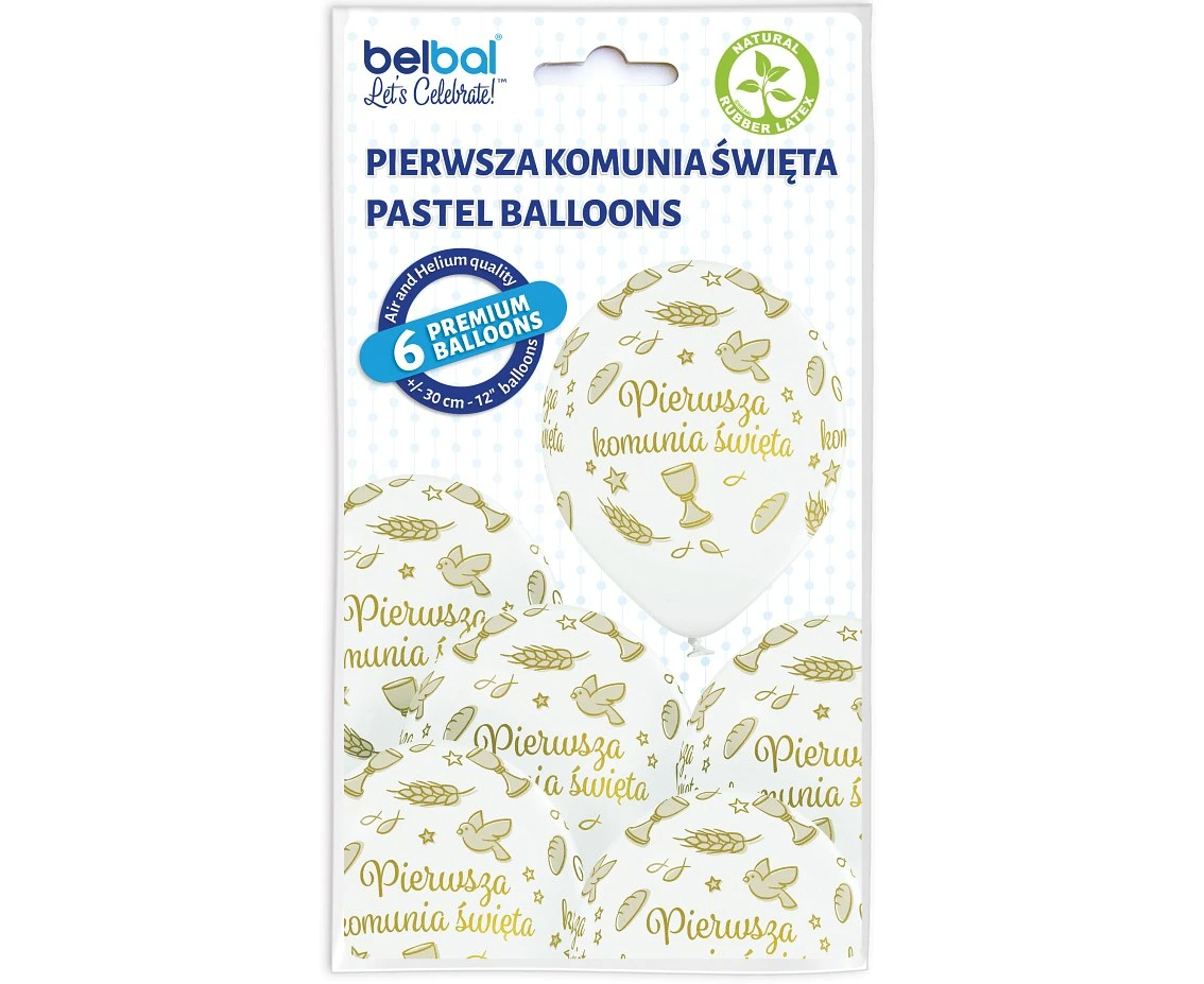 Balony Belbal 12", D11, "Pierwsza Komunia Święta" białe, 50szt.