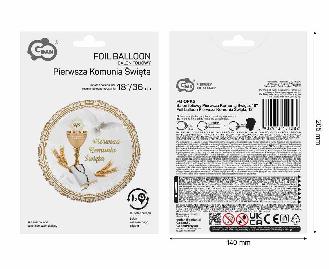 Balon foliowy Pierwsza Komunia Święta, 18" KK