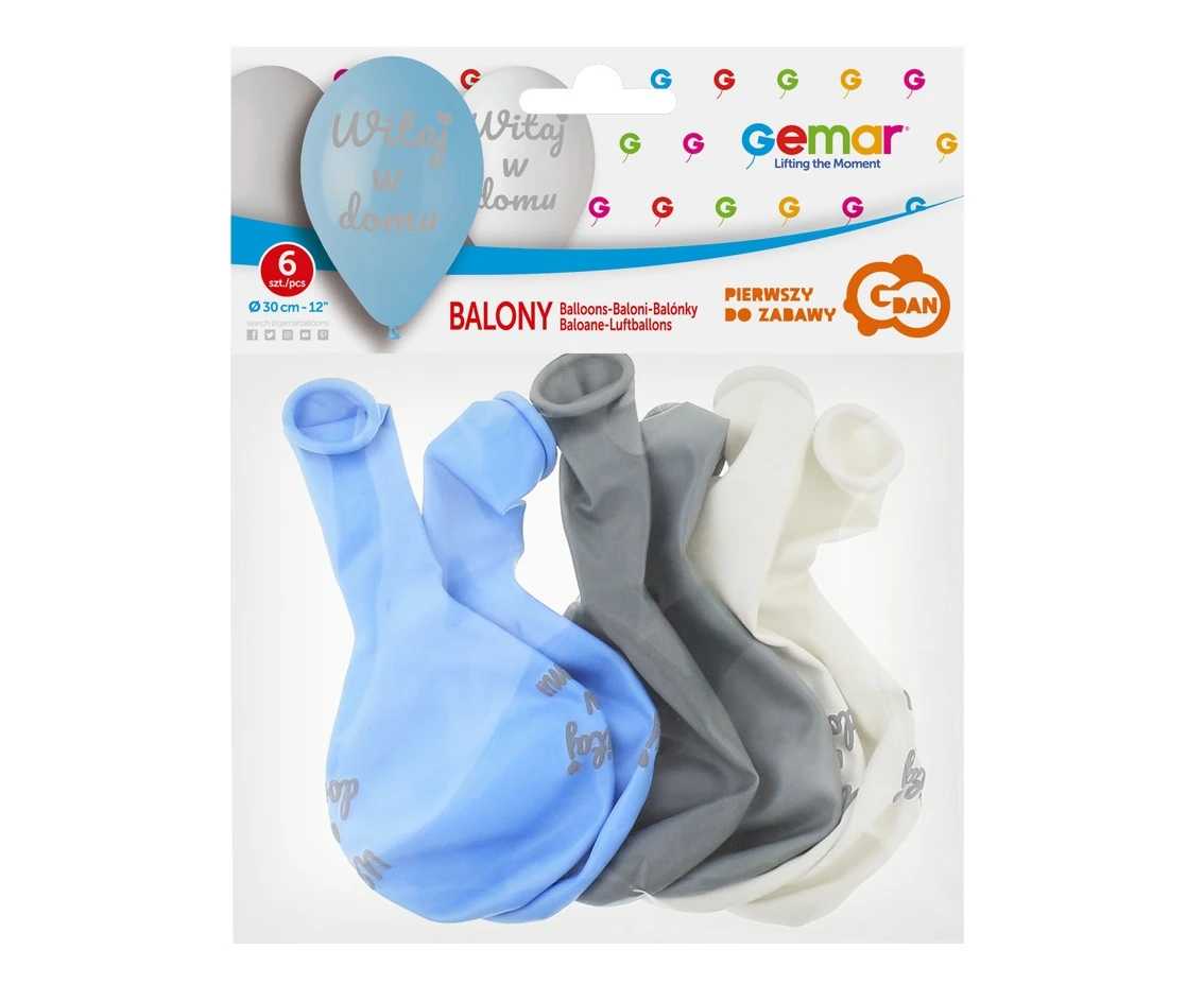Balony Gemar 12", pastel premium "Witaj w domu", niebieskie, 6szt.