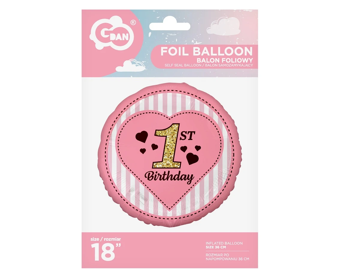 Balon foliowy 18 cali 1st Birthday, różowy KK