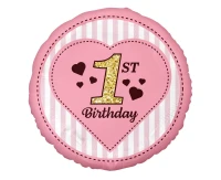Balon foliowy 18 cali 1st Birthday, różowy KK