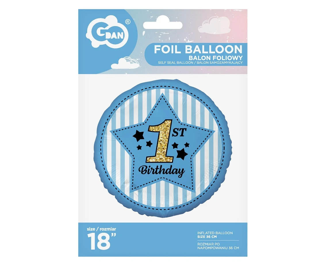 Balon foliowy 1st Birthday, niebieski, 18 cali KK