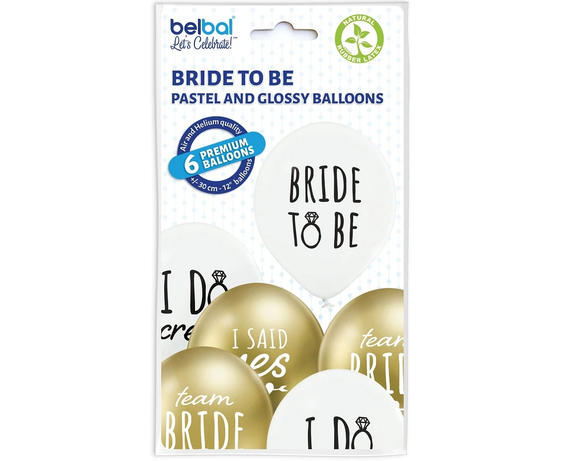 Balony Belbal 12", D11, bride to be biało-złote, 6szt.