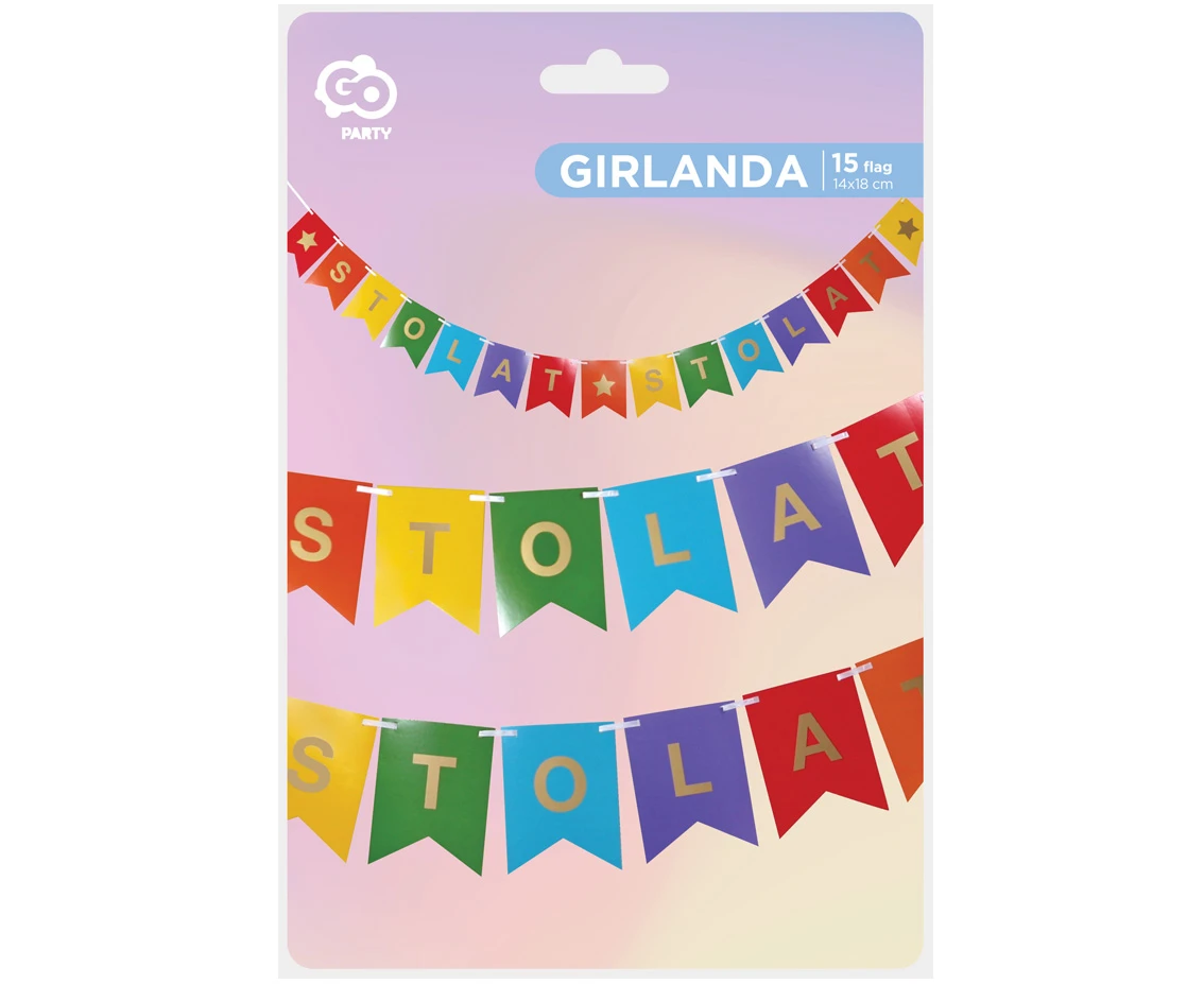 Girlanda papierowa Sto lat sto lat, kolorowa, flagi, 14x18 cm