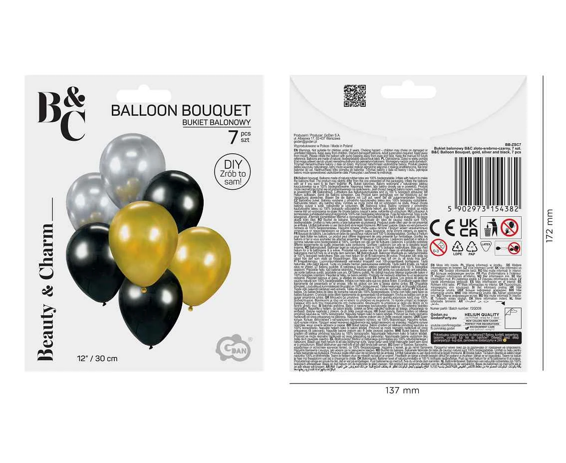 Bukiet balonowy B&C złoto-srebrno-czarny, 7 szt.