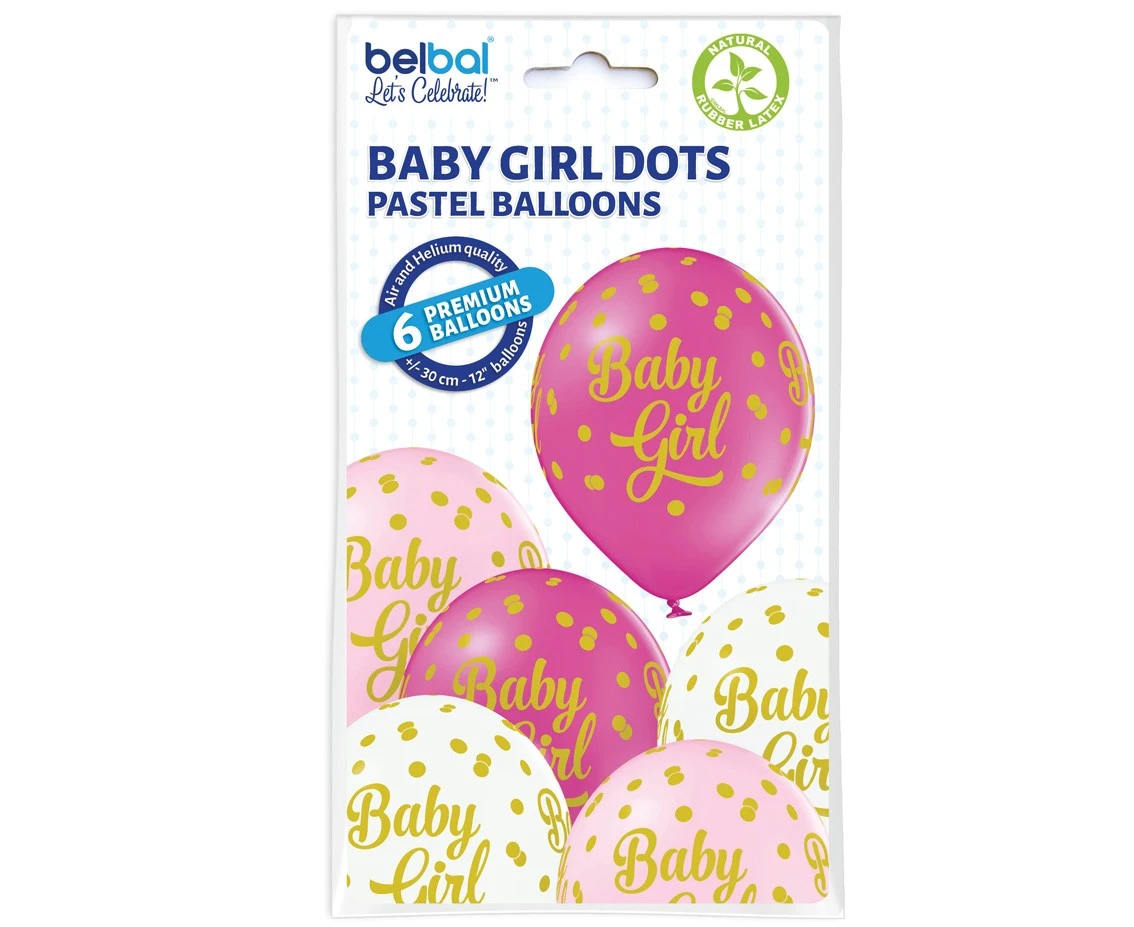 Balony Belbal 12", D11, baby dziewczynka groszki, 6szt.