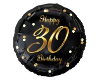 Balon foliowy B&C Happy 30 Birthday, czarny, nadruk złoty, 18 cali AA