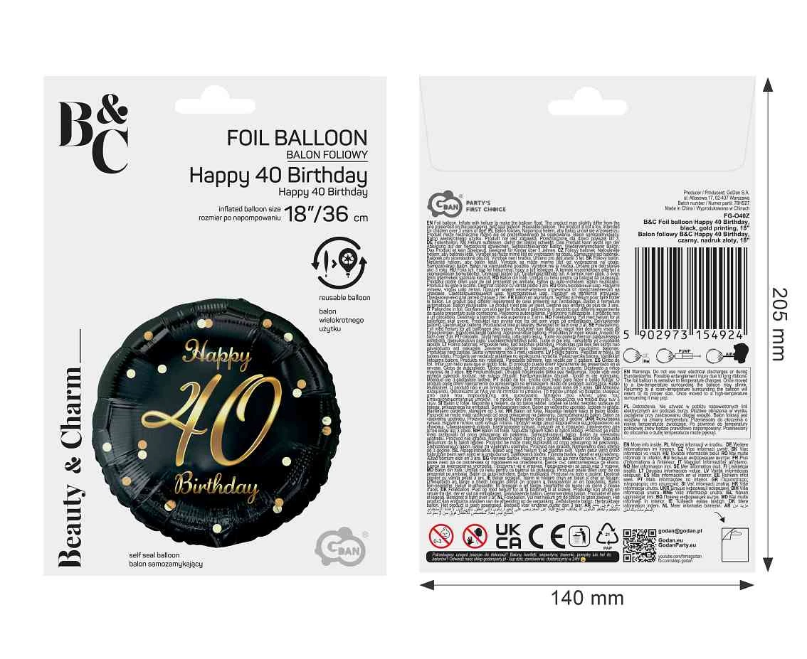 Balon foliowy B&C Happy 40 Birthday, czarny, nadruk złoty, 18 cali AA