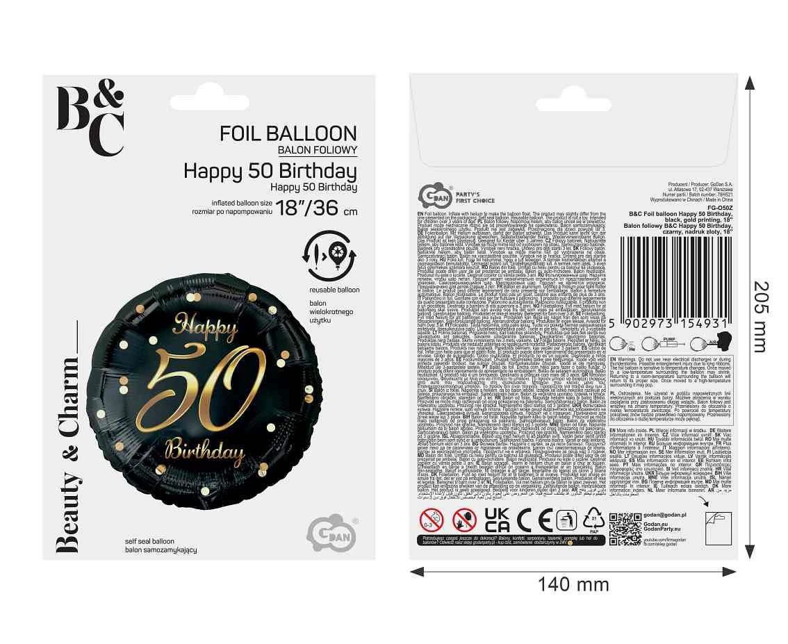 Balon foliowy B&C Happy 50 Birthday, czarny, nadruk złoty, 18 cali AA