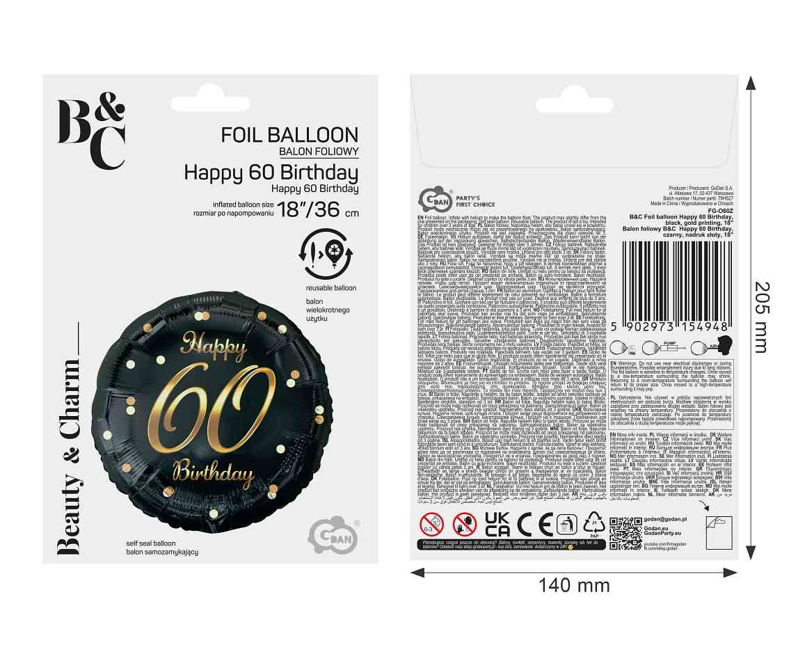 Balon foliowy B&C Happy 60 Birthday, czarny, nadruk złoty, 18 cali AA