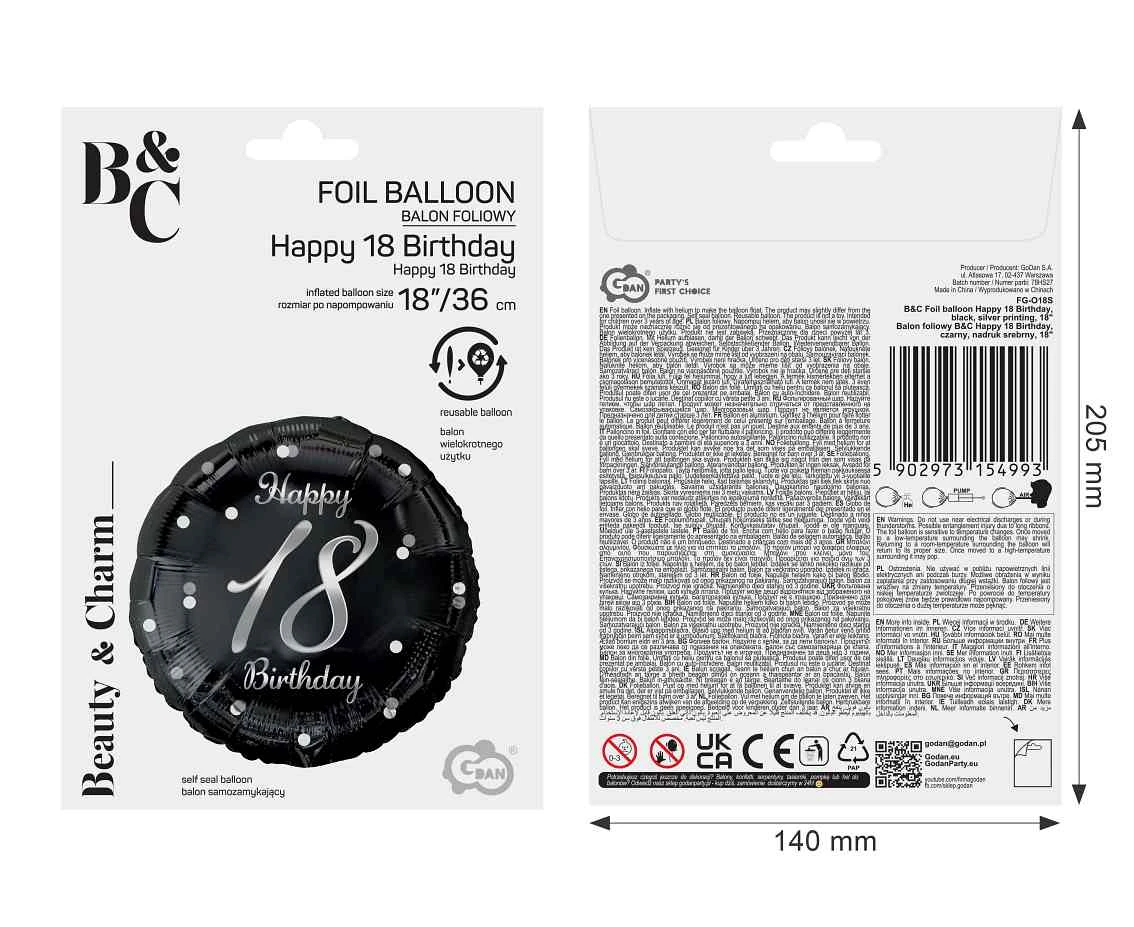 Balon foliowy B&C Happy 18 Birthday, czarny, nadruk srebrny, 18" AA