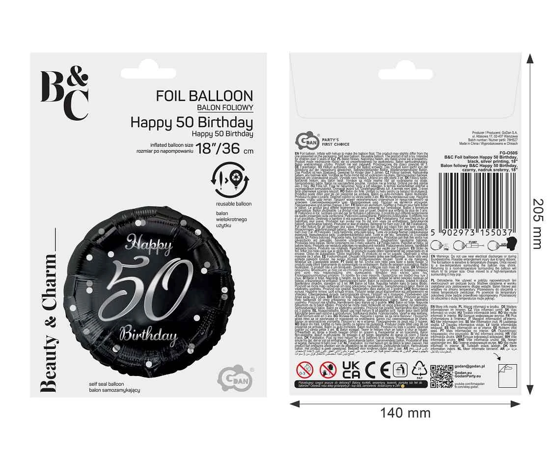 Balon foliowy B&C Happy 50 Birthday, czarny, nadruk srebrny, 18" AA