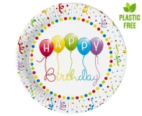 Talerzyki papierowe Happy Birthday Streamers,  next generation, 23 cm, 8 szt. (plastic-free)