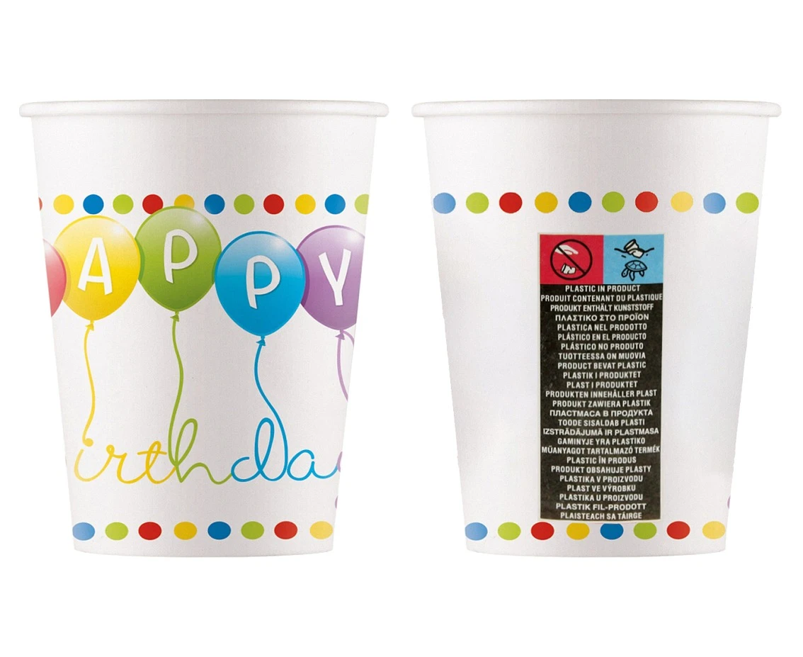 Kubeczki papierowe Happy Birthday Streamers (WM), 200ml, 8 szt. (SUP label)