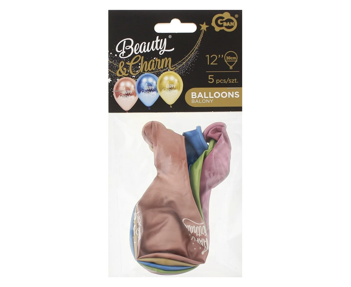 Balony B&C 12", "Happy Birthday" platyna, 5szt.