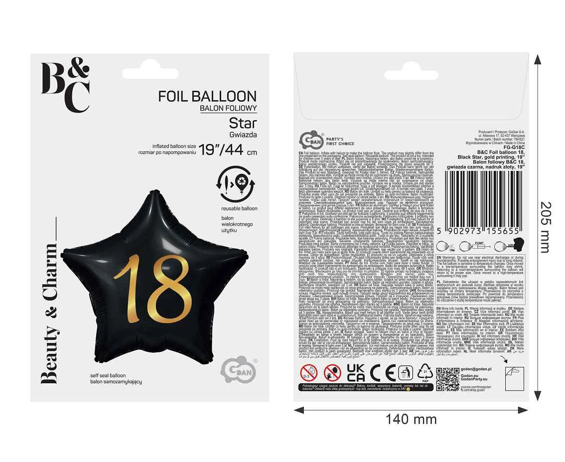Balon foliowy B&C 18, gwiazda czarna, nadruk złoty, 19 cali AA