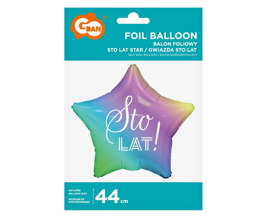 Balon foliowy Sto Lat, gwiazda gradient, nadruk biały, 19 cali