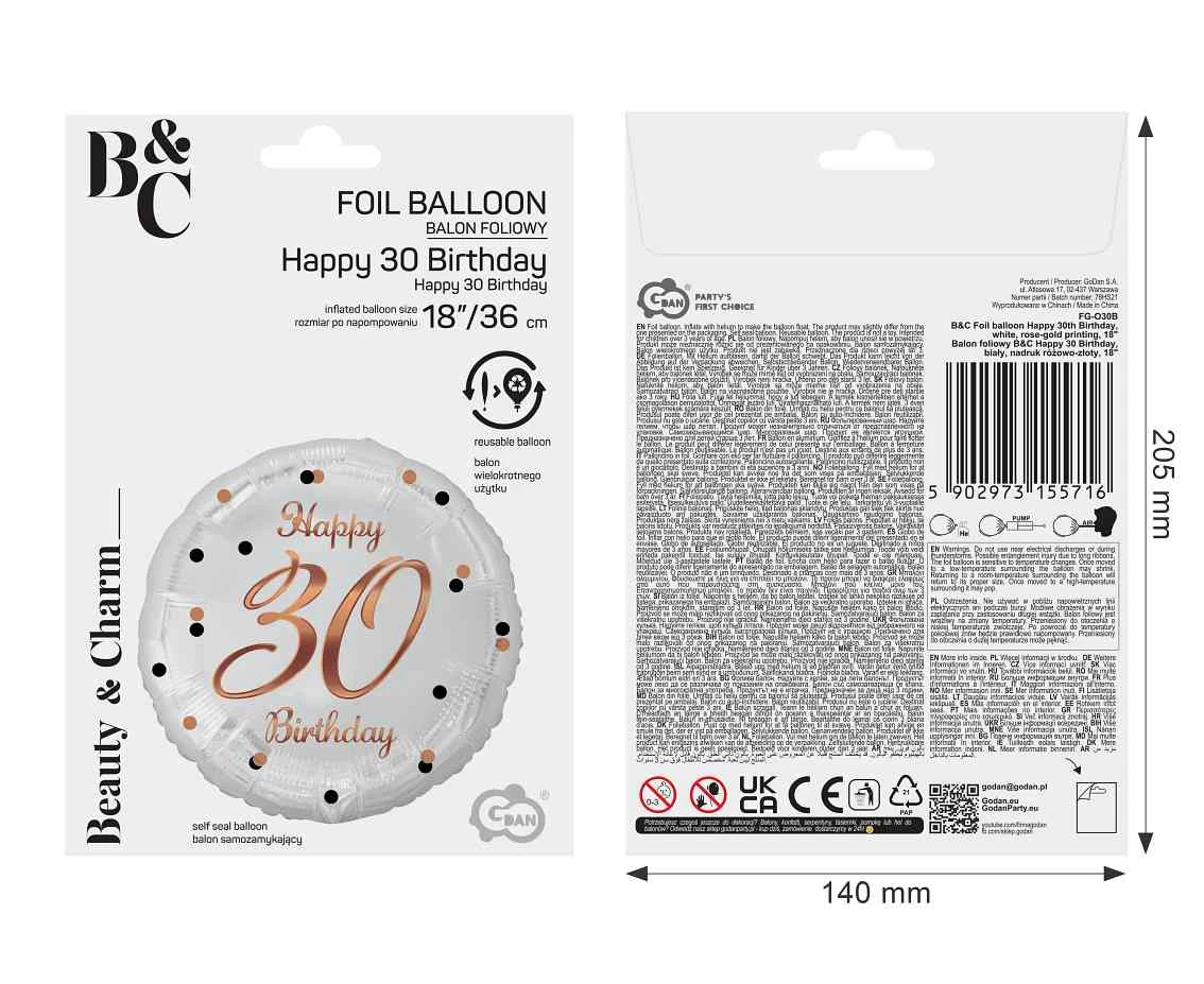 Balon foliowy B&C Happy 30 Birthday, biały, nadruk różowo-złoty, 18 cali AA