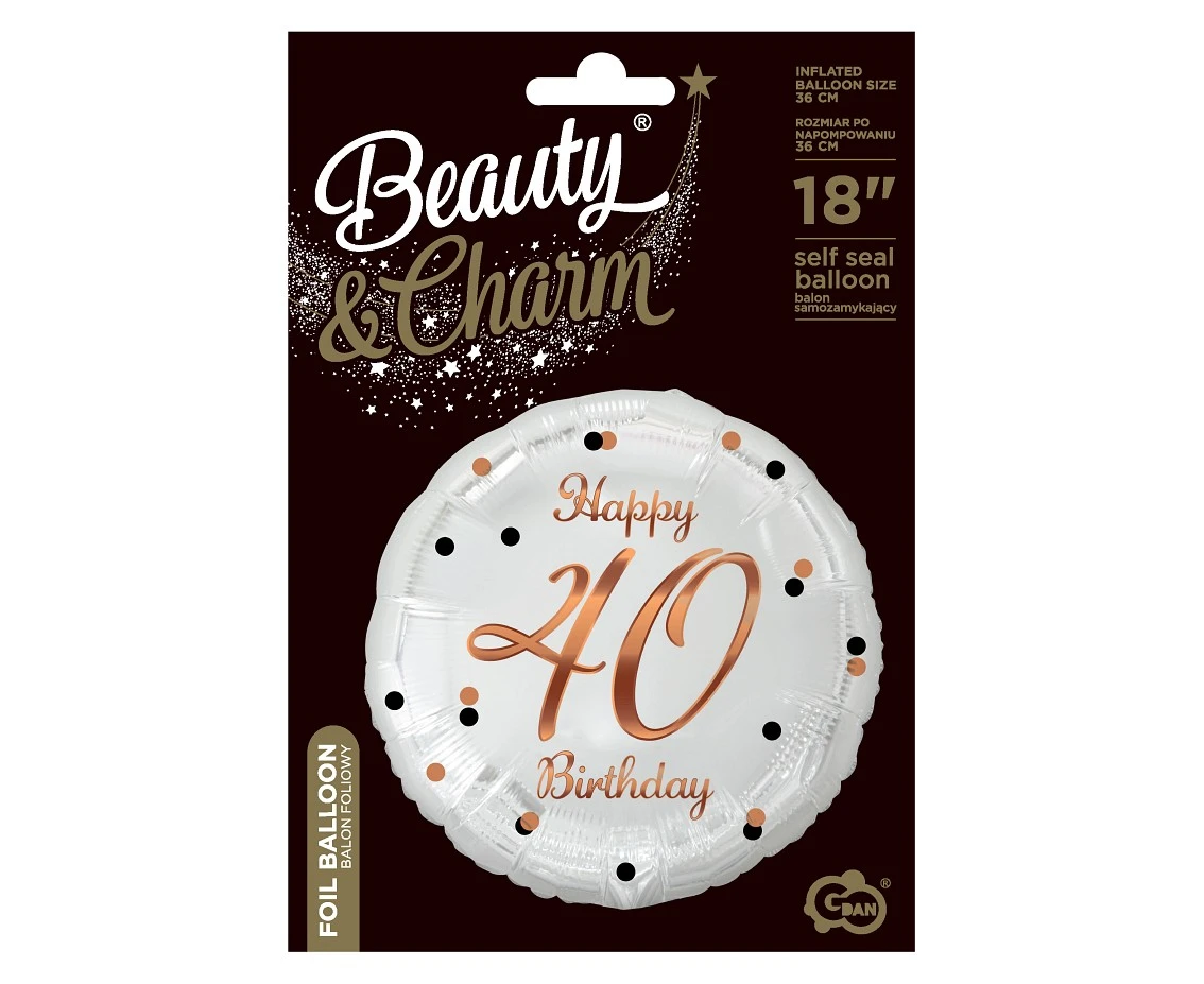 Balon foliowy B&C Happy 40 Birthday, biały, nadruk różowo-złoty, 18 cali AA