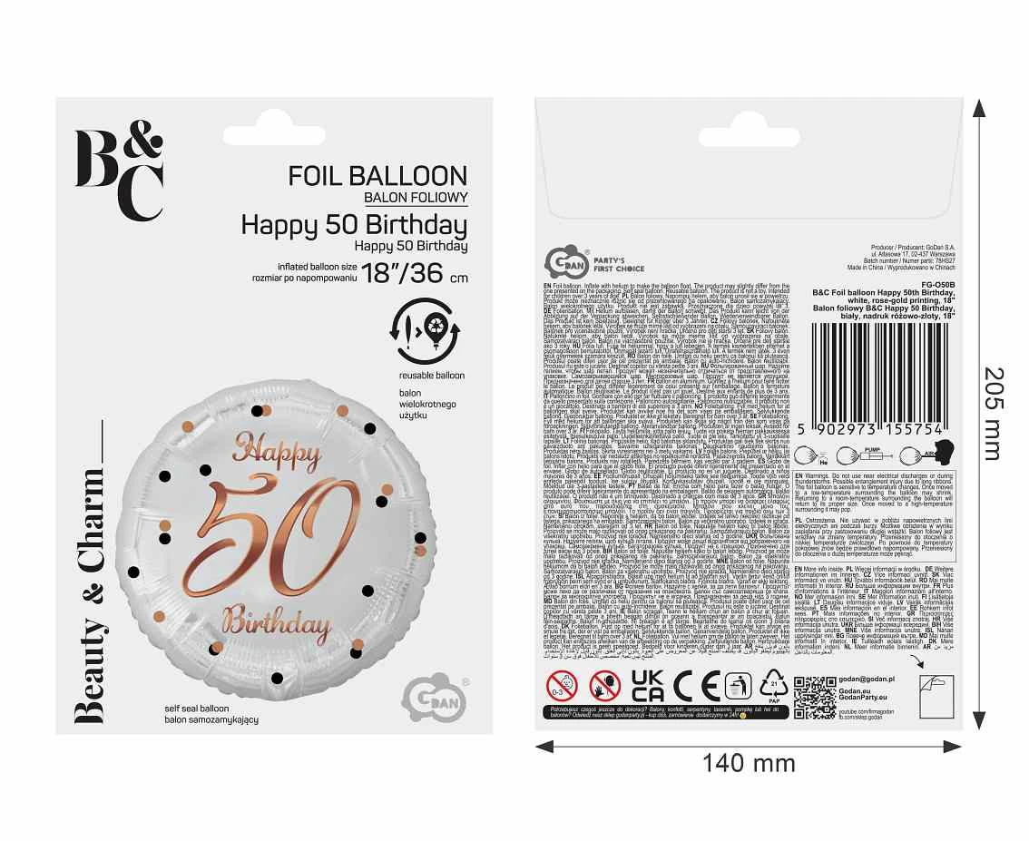Balon foliowy B&C Happy 50 Birthday, biały, nadruk różowo-złoty, 18 cali AA