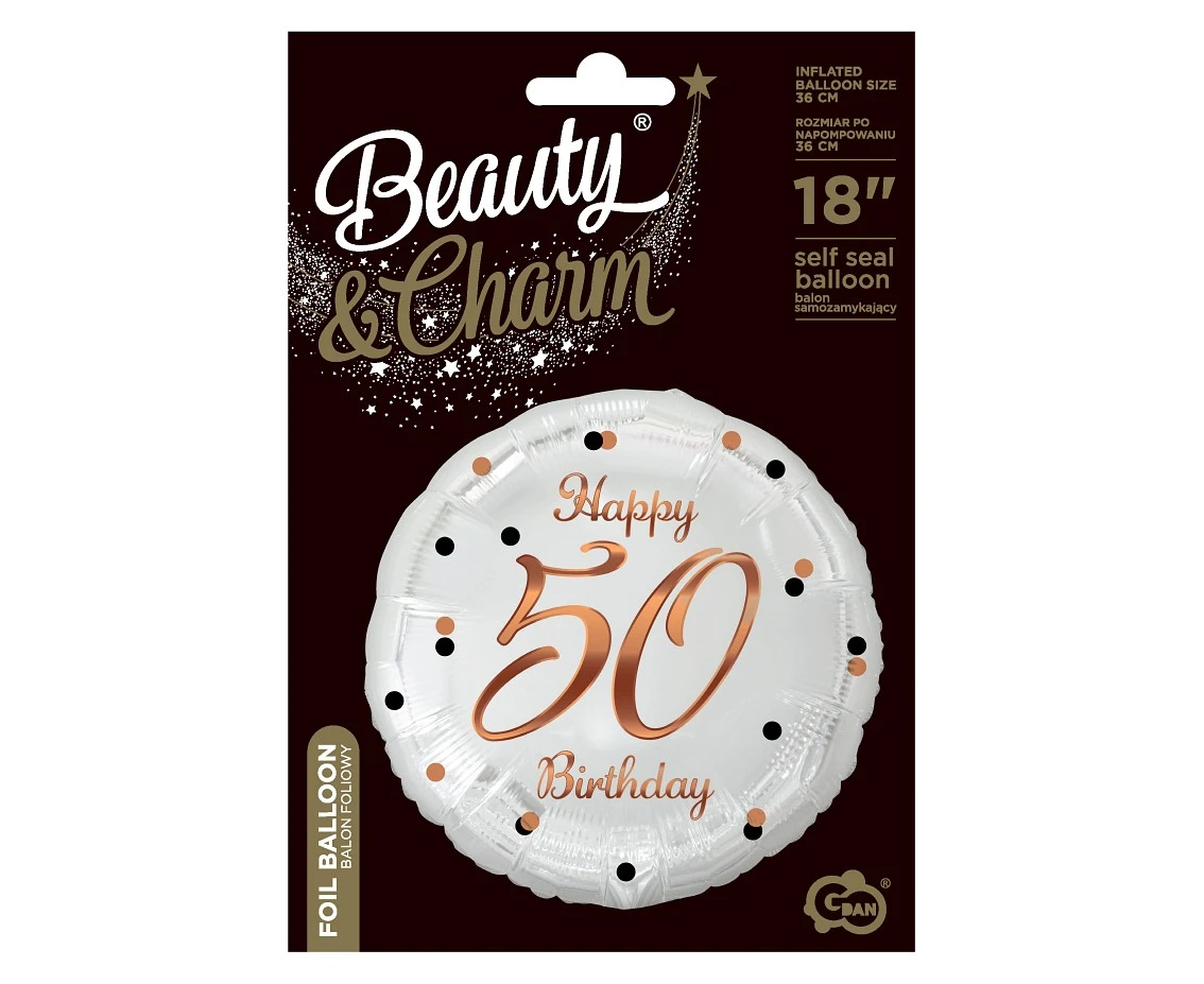 Balon foliowy B&C Happy 50 Birthday, biały, nadruk różowo-złoty, 18 cali AA