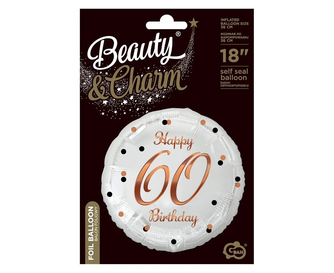 Balon foliowy B&C Happy 60 Birthday, biały, nadruk różowo-złoty, 18 cali AA