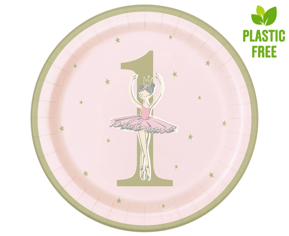 Talerzyki papierowe Ballerina, różowo-złote, 1st birthday, 23 cm, 8 szt.(plastic-free) KK