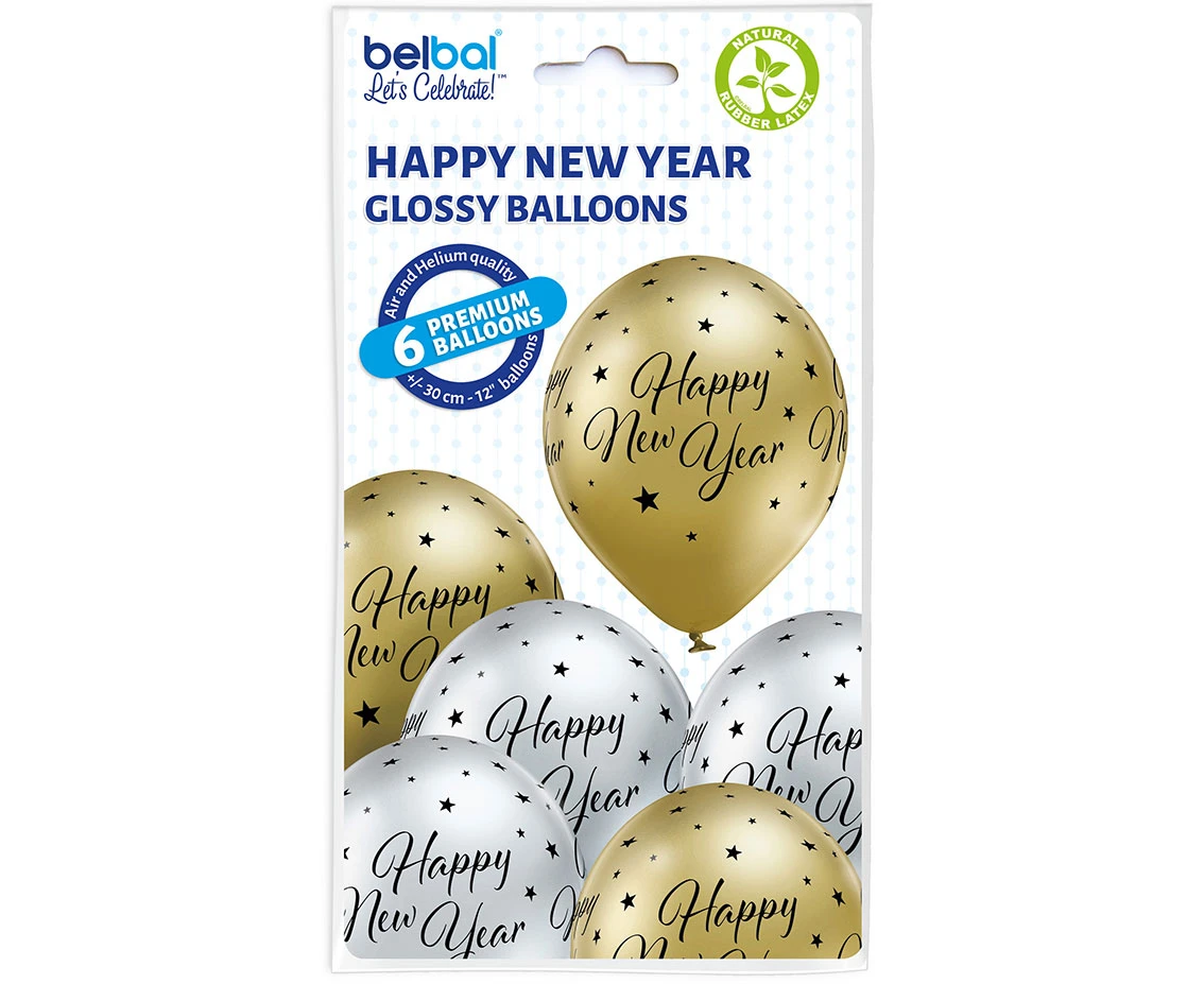 Balony Belbal 12", D11, glossy "Happy New Year", 6szt.