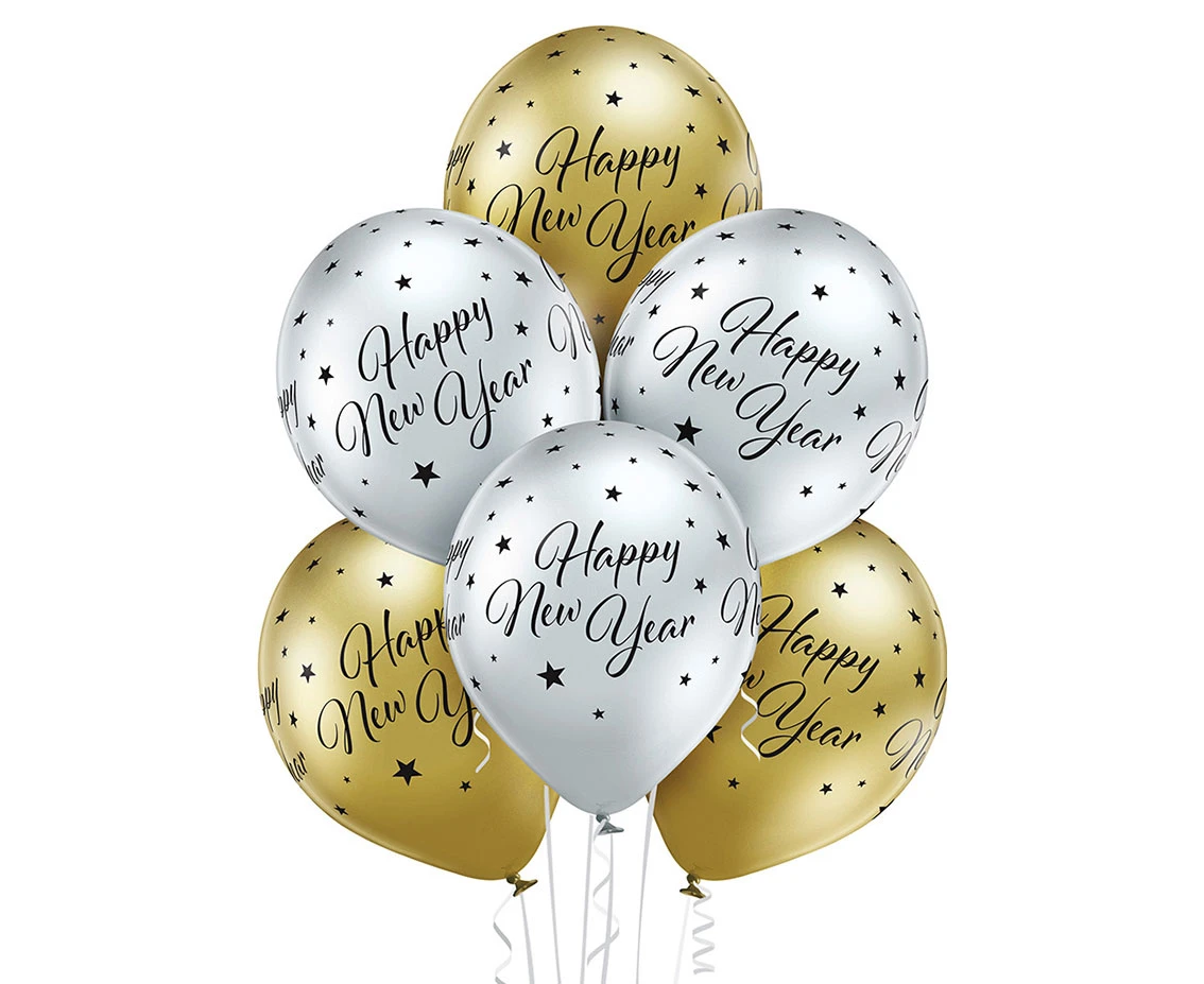 Balony Belbal 12", D11, glossy "Happy New Year", 6szt.