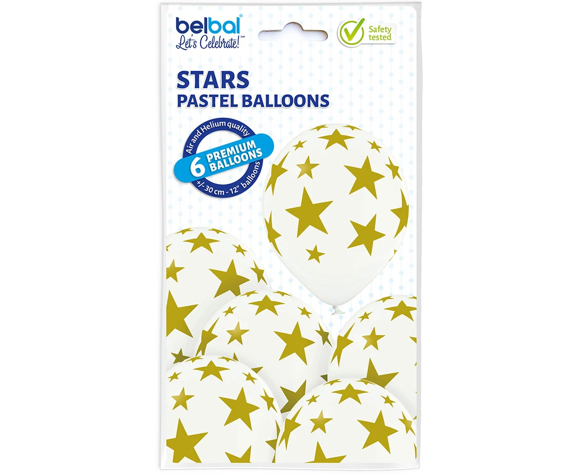Balony Belbal 12", D11, złote gwiazdki biały balon, 6szt.