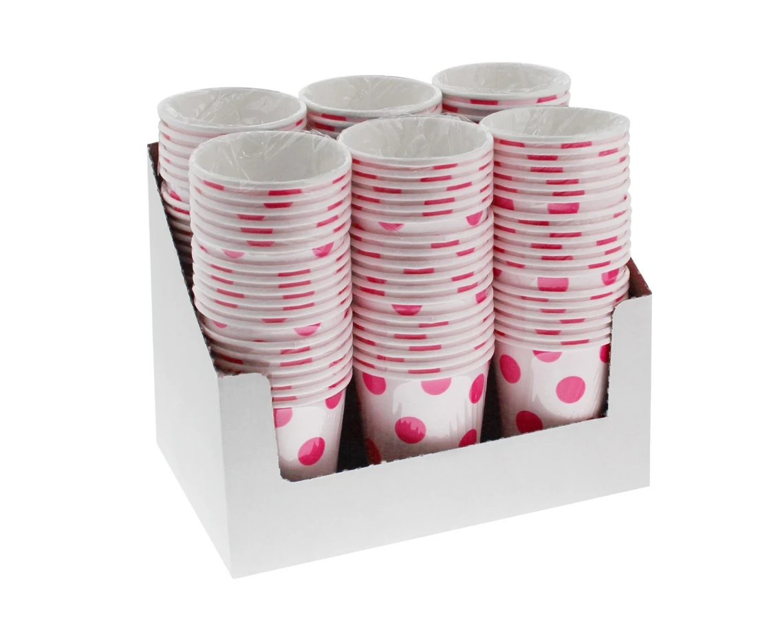 Kubeczki pap. białe, Groszki magenta, certyfikat FSC, 250 ml, 6 szt.