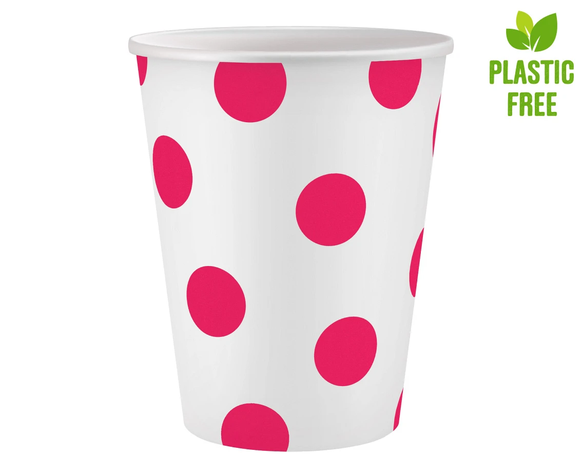 Kubeczki pap. białe, Groszki magenta, certyfikat FSC, 250 ml, 6 szt.