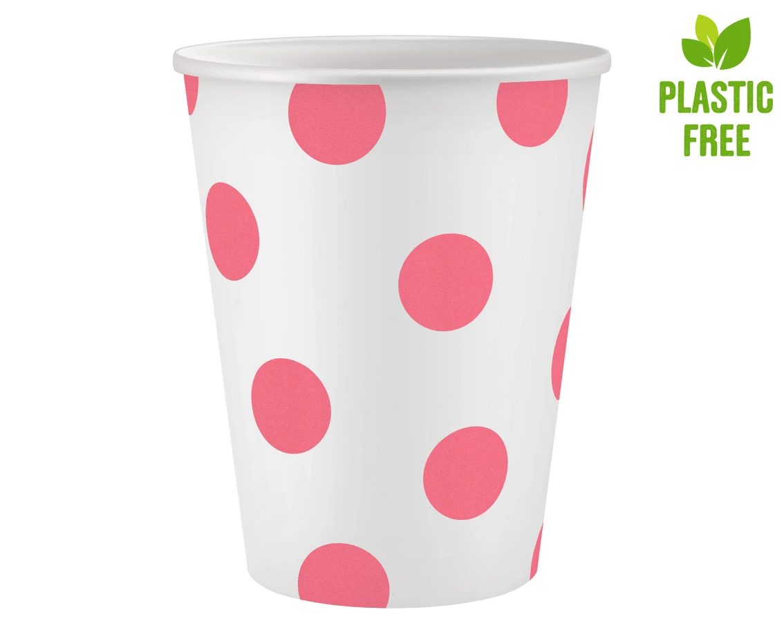 Kubeczki pap. białe, groszki różowe, certyfikat FSC, 250 ml, 6 szt. KK