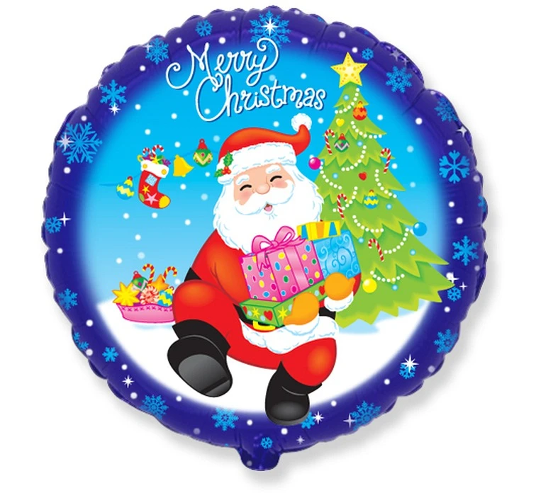 Balon foliowy 18" FX - "Merry Christmas - Mikołaj z prezentami" (okrągły), pakowany KK