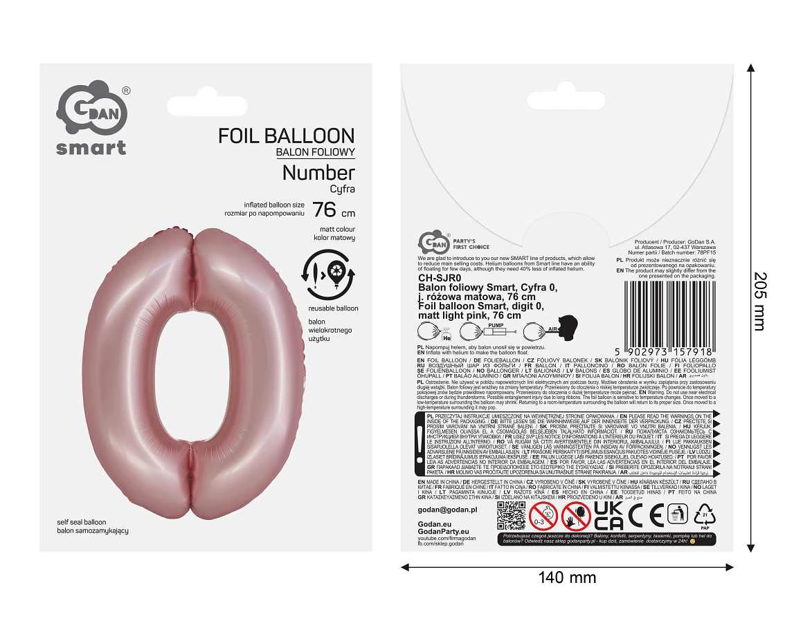 Balon foliowy Smart, Cyfra 0, j. różowa matowa, 76 cm