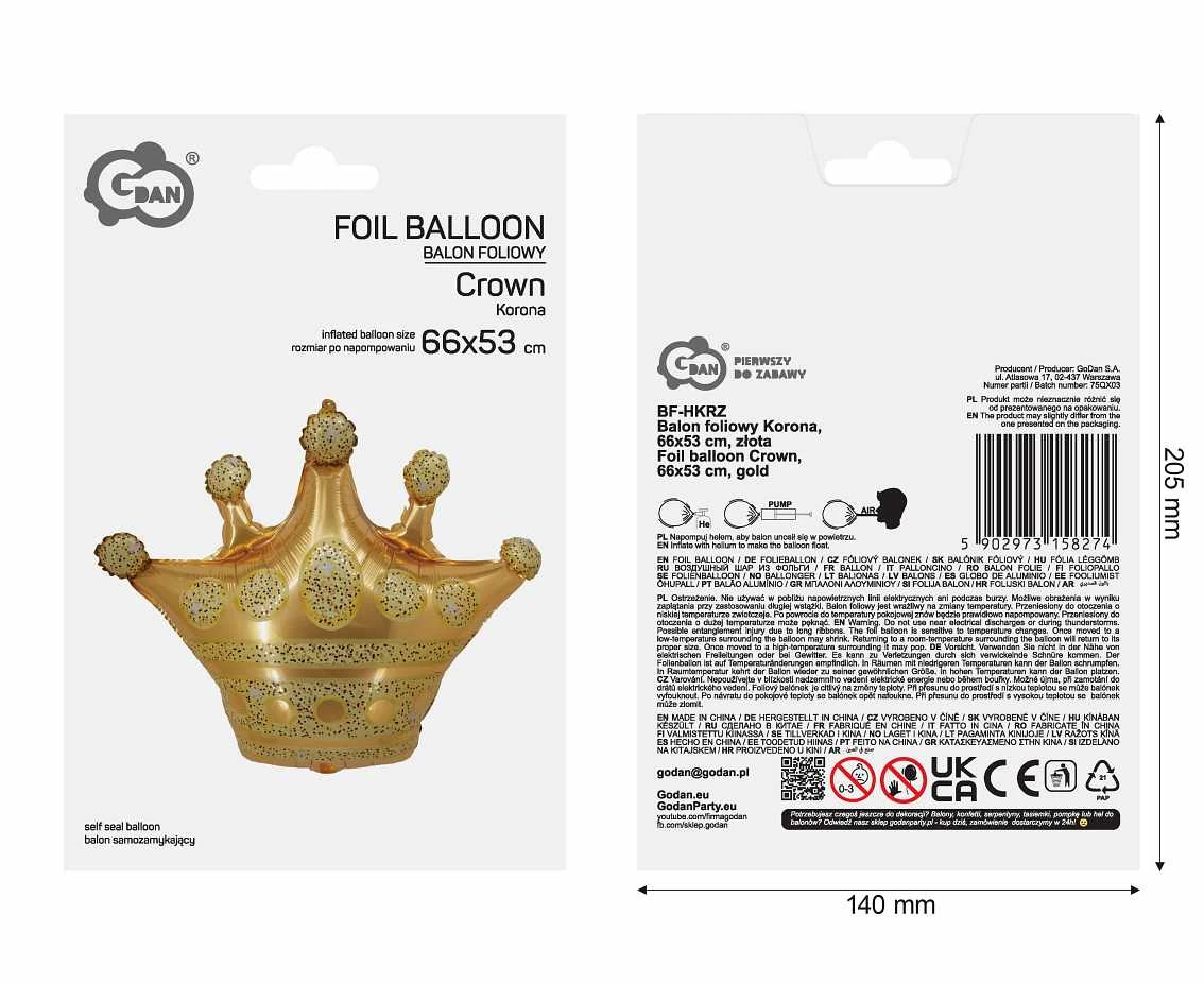 Balon foliowy Korona, 66x53 cm, złota