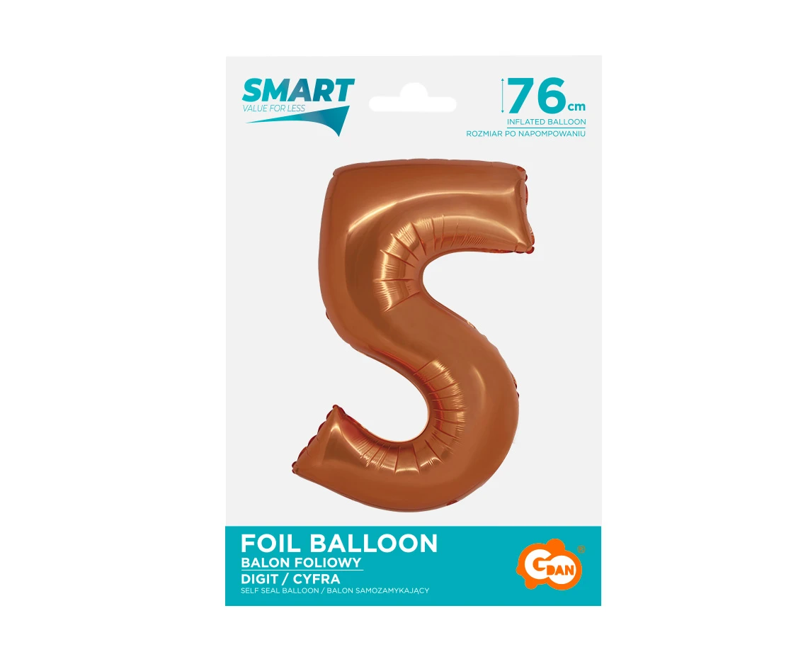 Balon foliowy Smart, Cyfra 5, miedziana, 76 cm KK