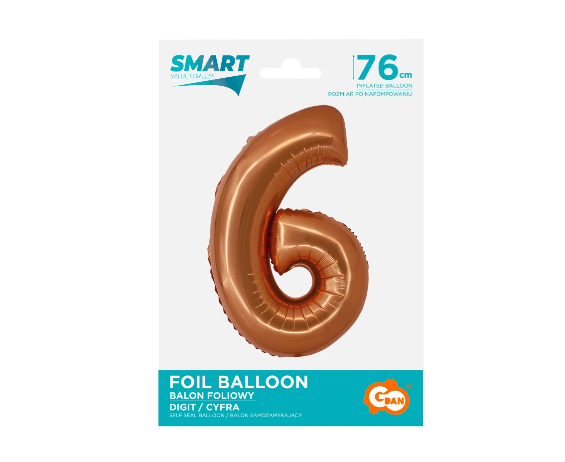 Balon foliowy Smart, Cyfra 6, miedziana, 76 cm KK