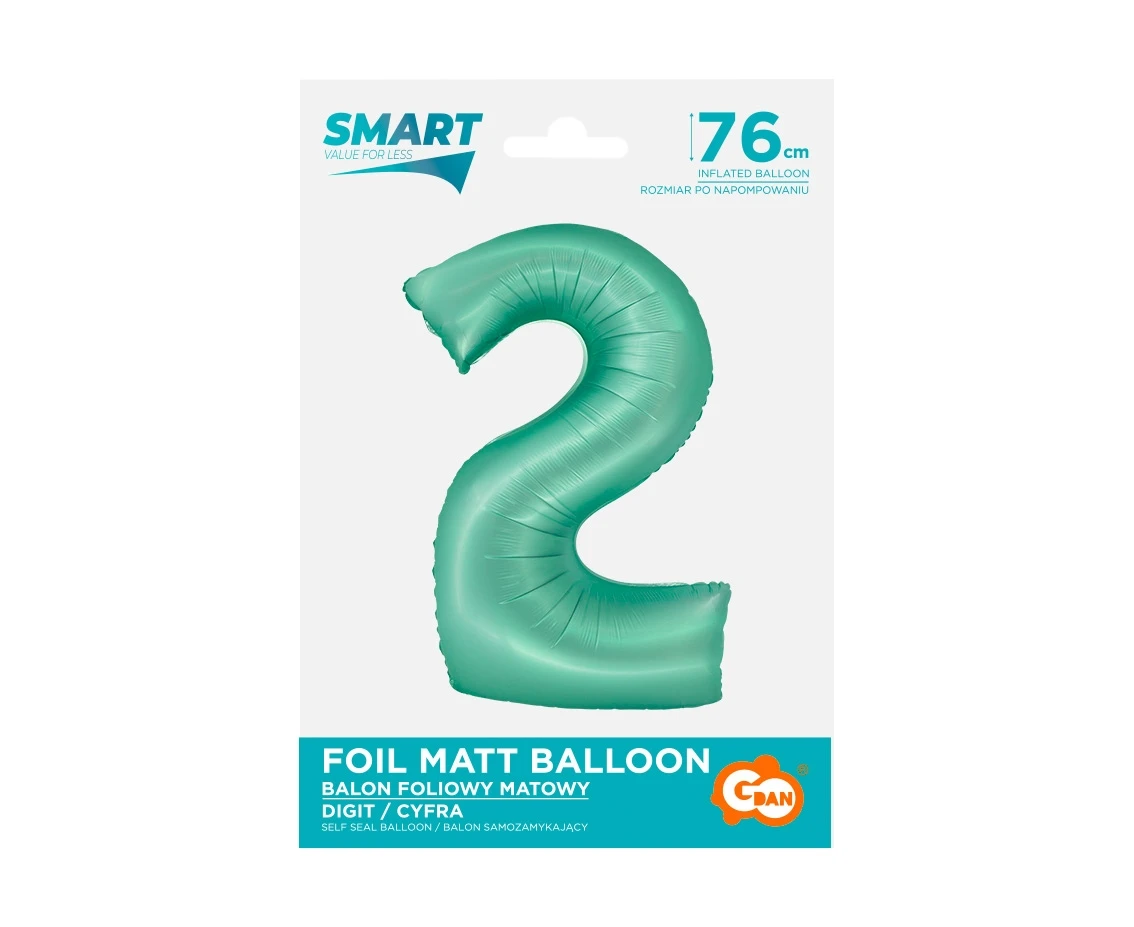 Balon foliowy Smart, Cyfra 2, miętowa matowa, 76 cm KK