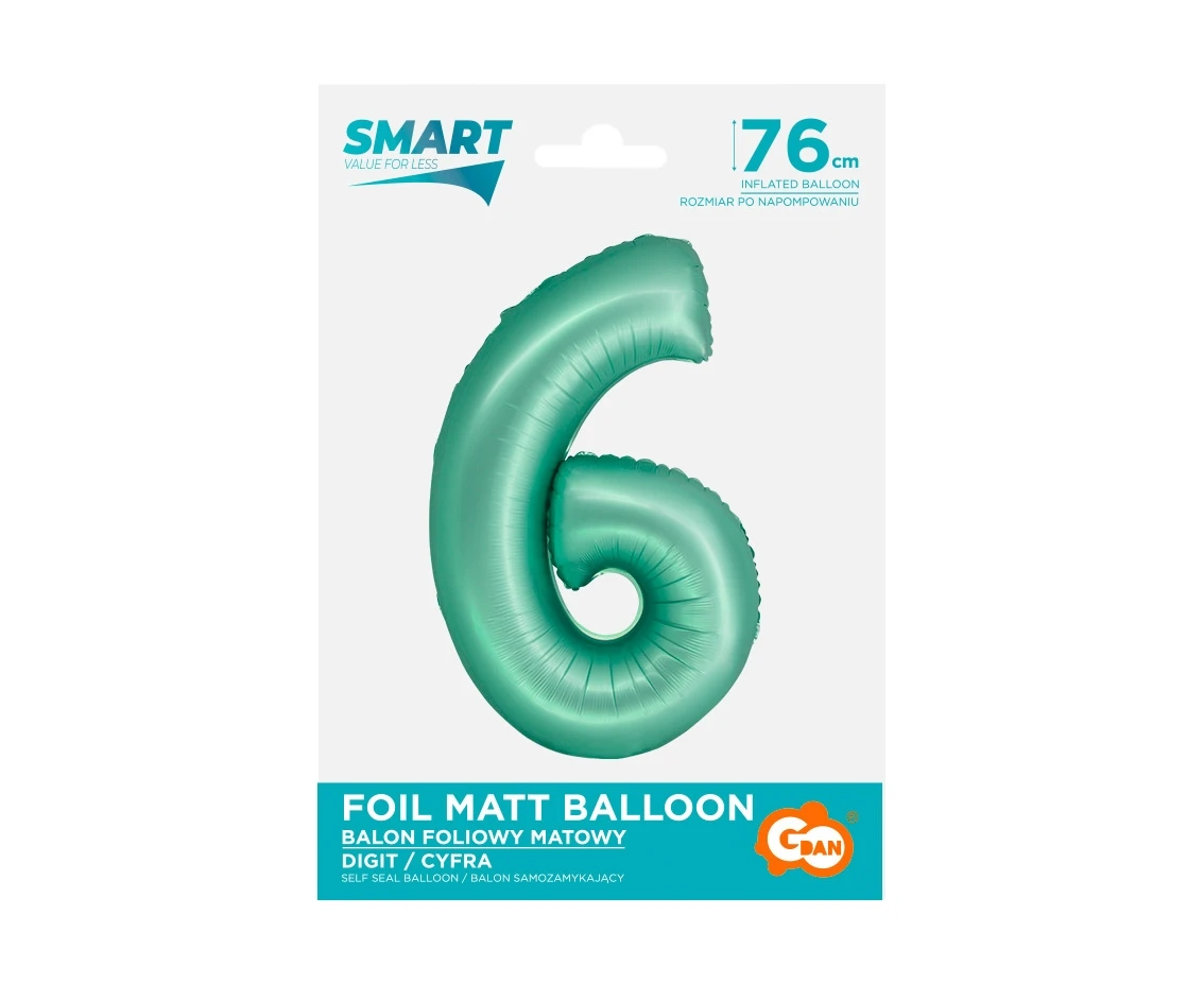 Balon foliowy Smart, Cyfra 6, miętowa matowa, 76 cm KK