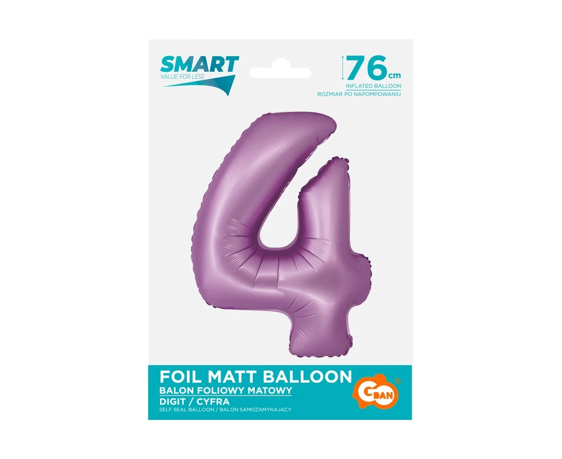 Balon foliowy Smart, Cyfra 4, lawendowa matowa, 76 cm KK
