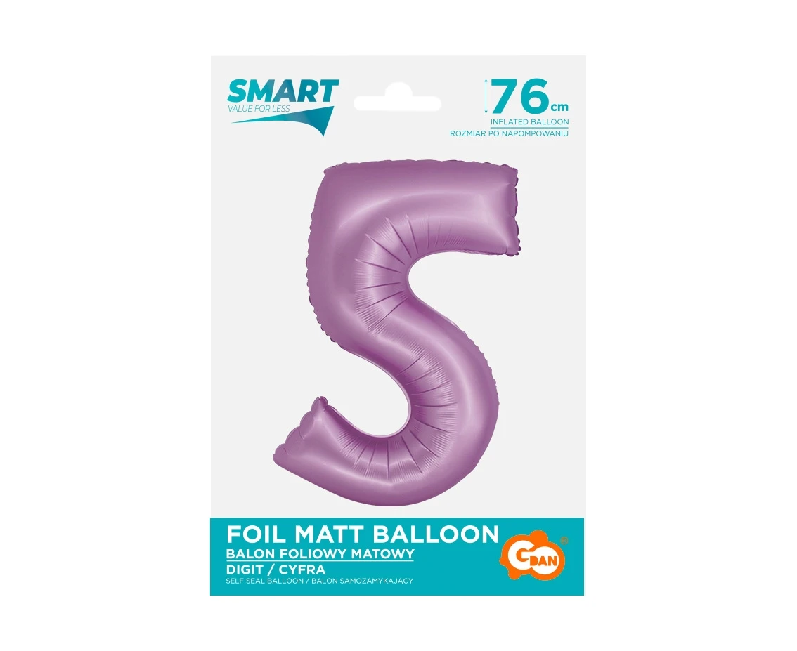 Balon foliowy Smart, Cyfra 5, lawendowa matowa, 76 cm KK